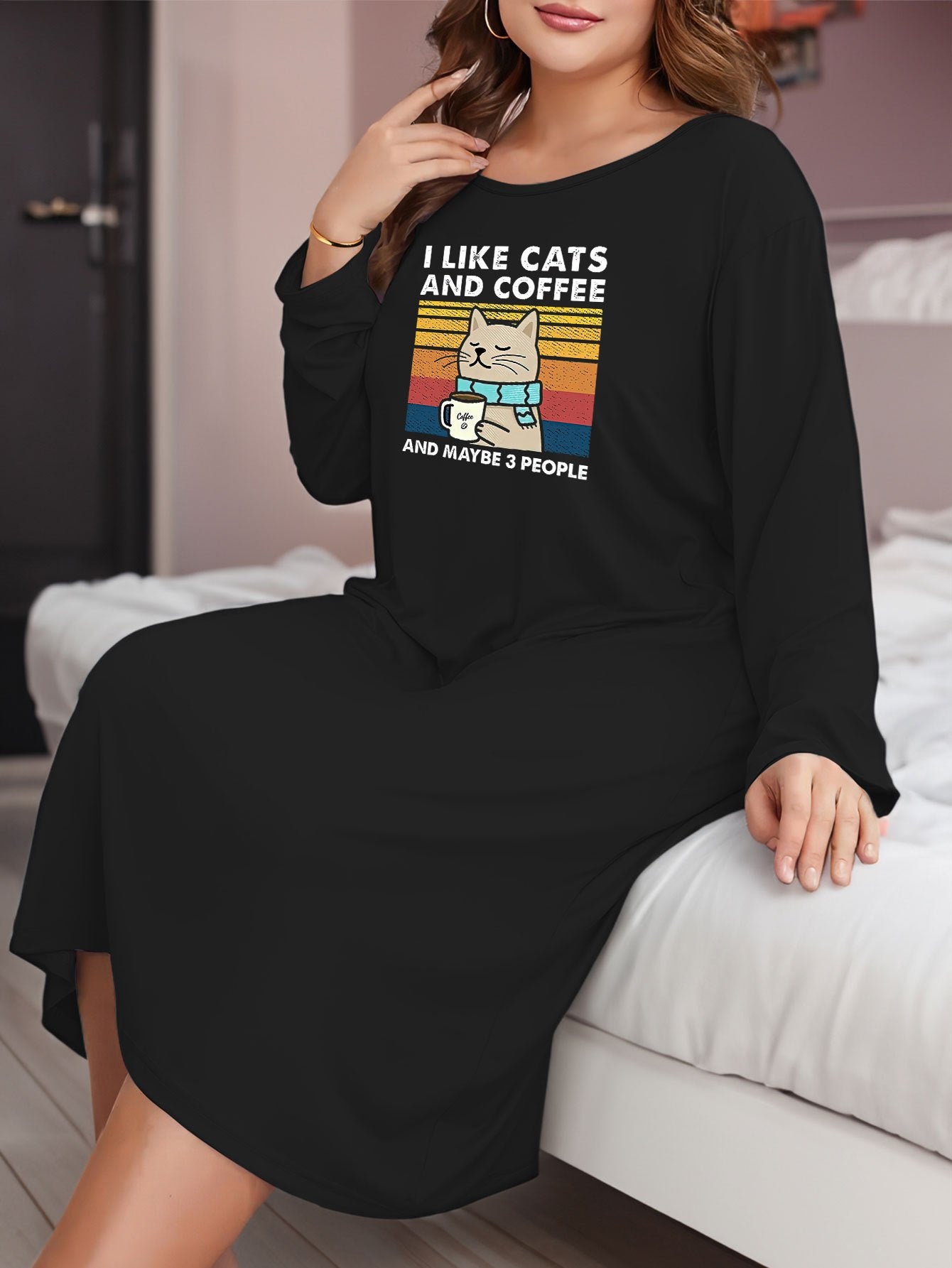  Coffee And Cat Print Long Sleeve Round Neck Stretch Tee Sleep Dress