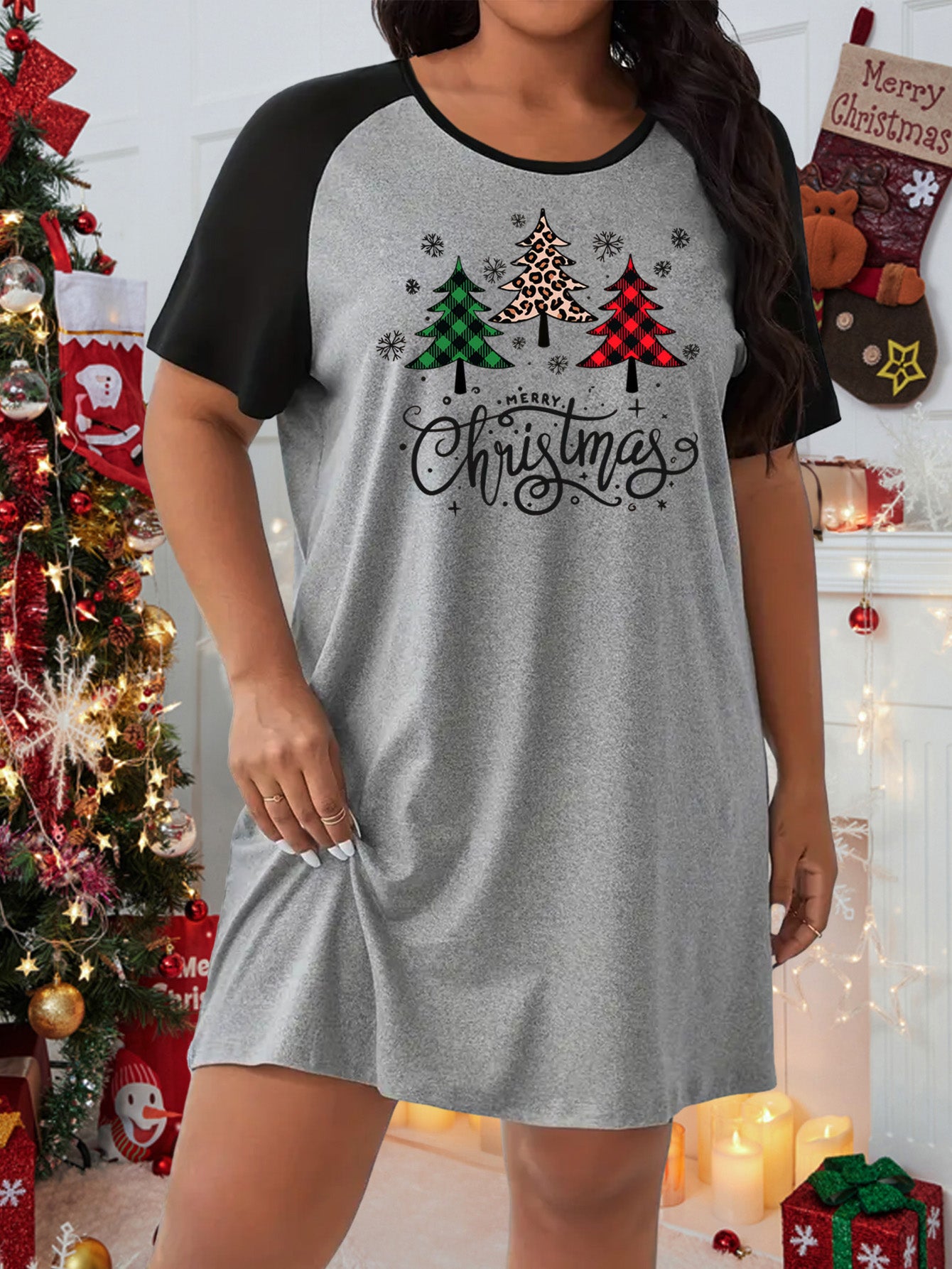  Christmas Nightdress Women's Plaid Christmas Tree & Snowfl