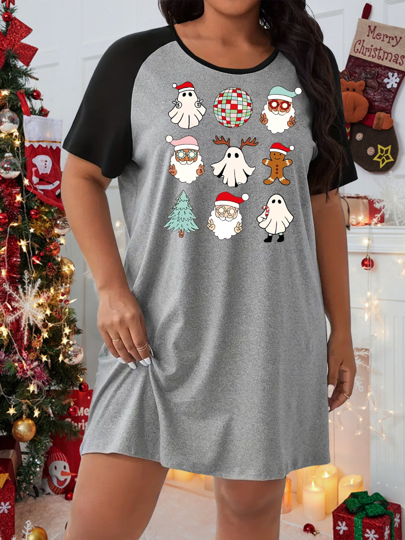 Christmas Nightdress Women's Santa Claus Print Tee Sleep Dress