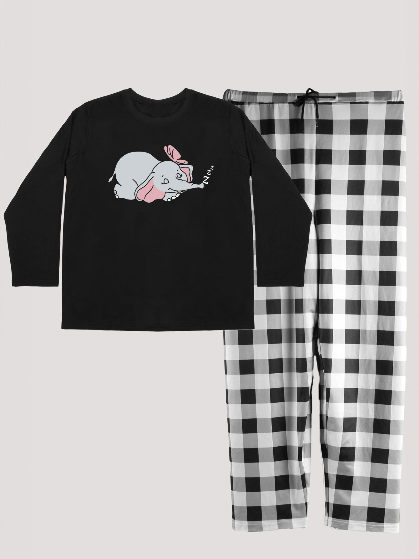  Elephant Print Top & Gingham Pants Pajama Set