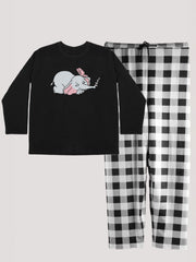  Elephant Print Top & Gingham Pants Pajama Set