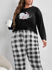  Elephant Print Top & Gingham Pants Pajama Set