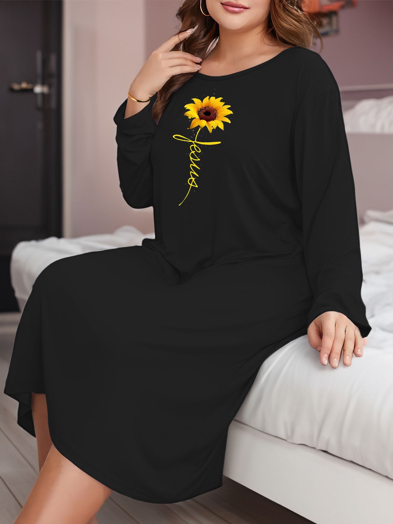  Sunflower Print Lounge Dress Long Sleeve Round Neck Stretch Nightdress
