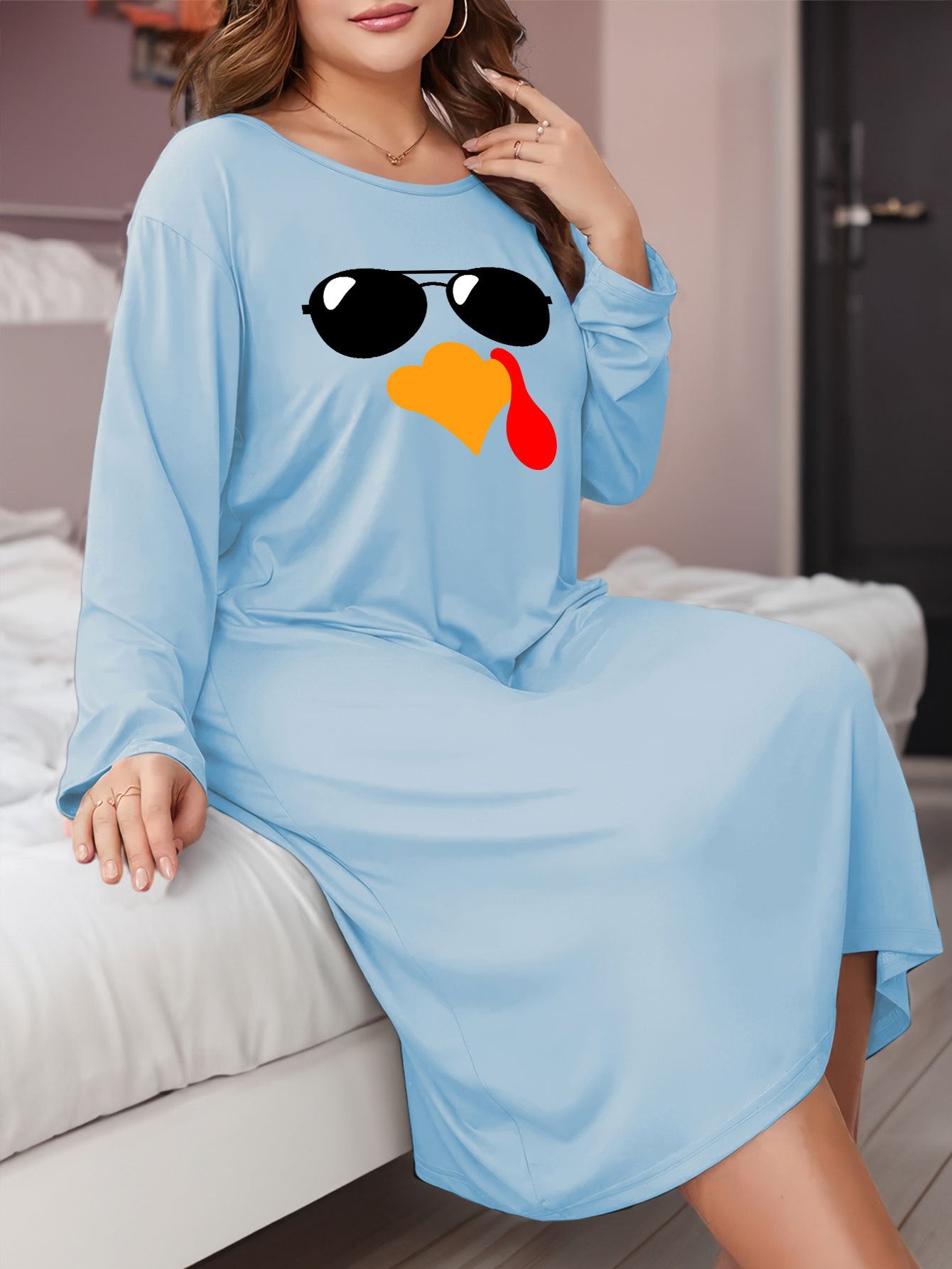  Turkey Print Long Sleeve Nightdress