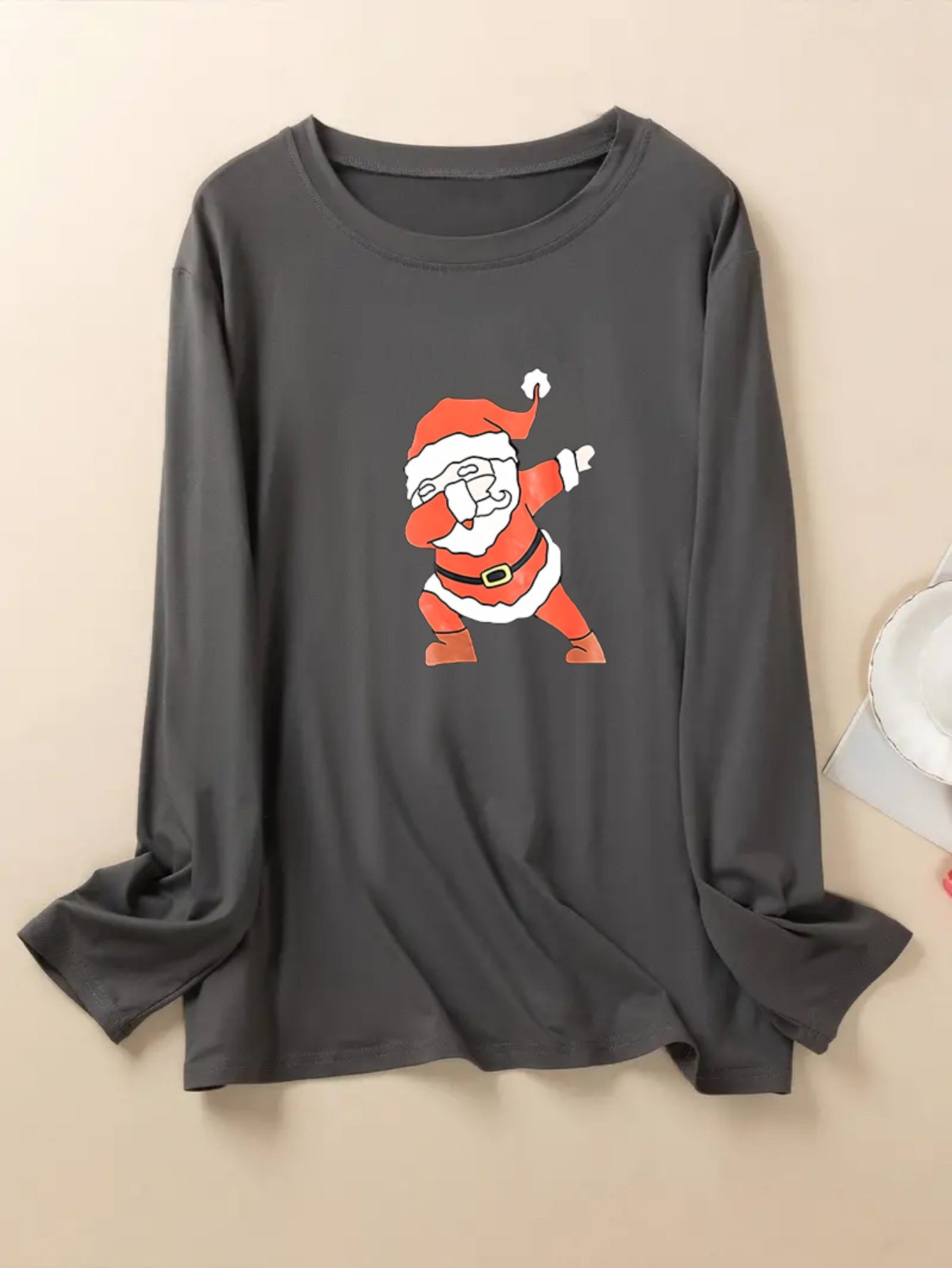  Christmas Casual Pajama Top Women's Plus Santa Print Long Sleeve Tee