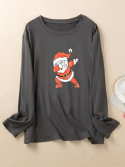  Christmas Casual Pajama Top Women's Plus Santa Print Long Sleeve Tee