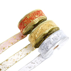 10m Christmas Glitter Mesh Ribbon Star Pattern Trimmings Golden Double Layer