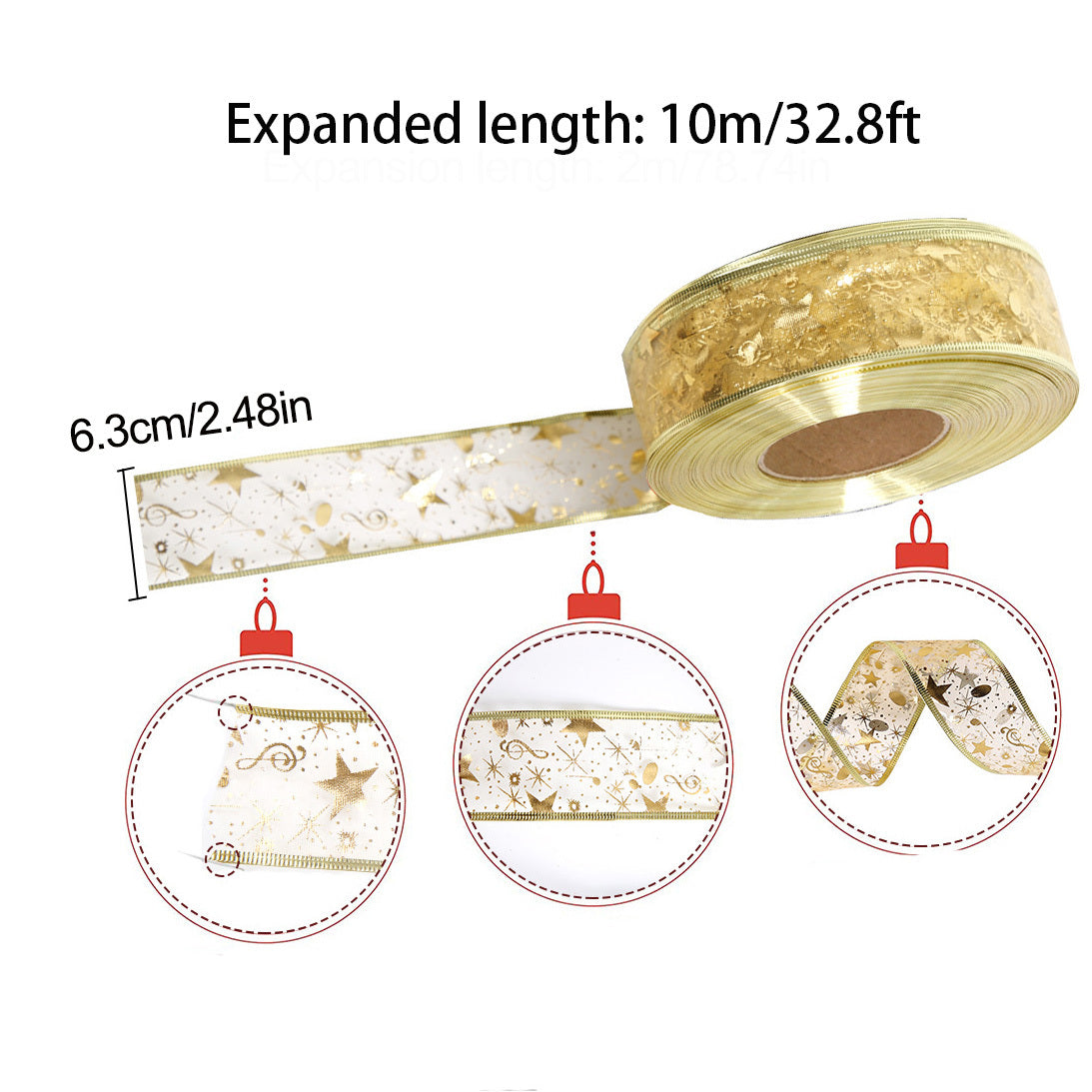 10m Christmas Glitter Mesh Ribbon Star Pattern Trimmings Golden Double Layer
