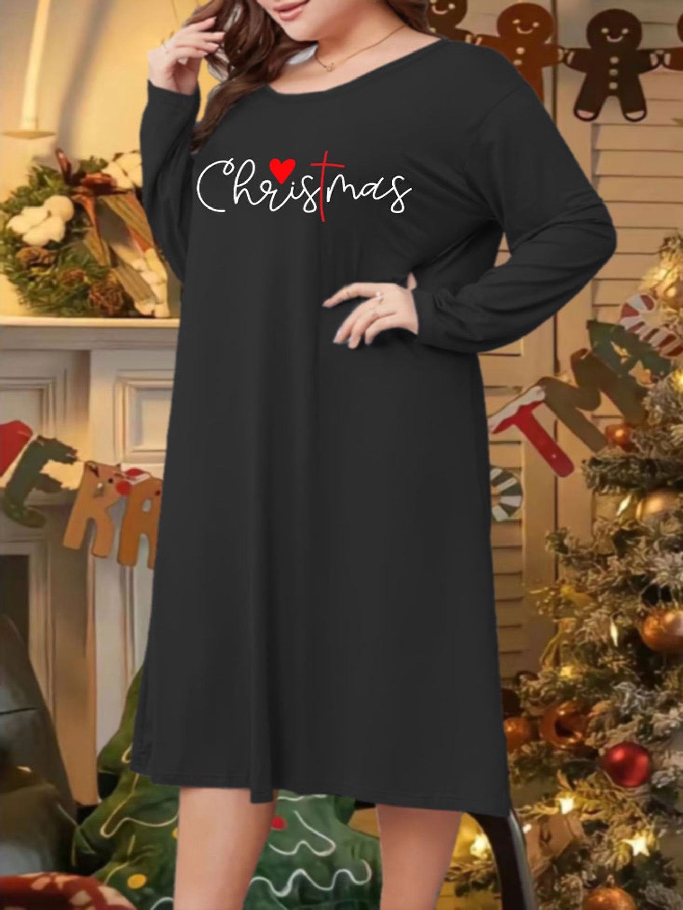  Christmas Lounge Dress Women's Plus Slogan Print Long Sleeve Tee