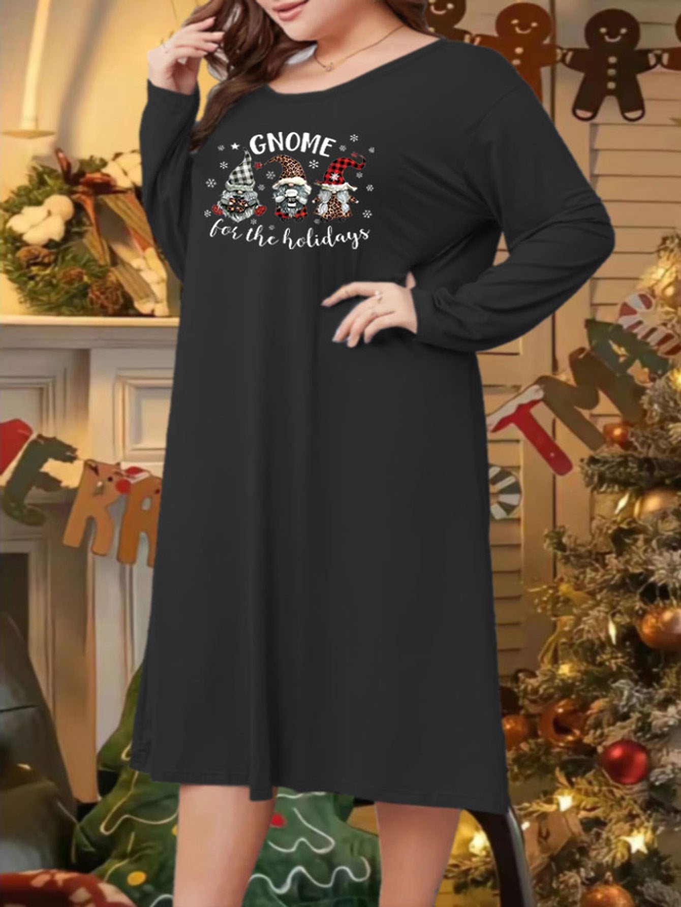  Snowflake & Gnomes Print Lounge Dress Round Neck Tee Sleep Dress
