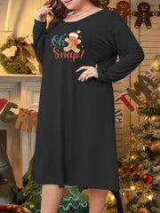  Gingerbread Man Print Christmas Lounge Dress Long Sleeve Round
