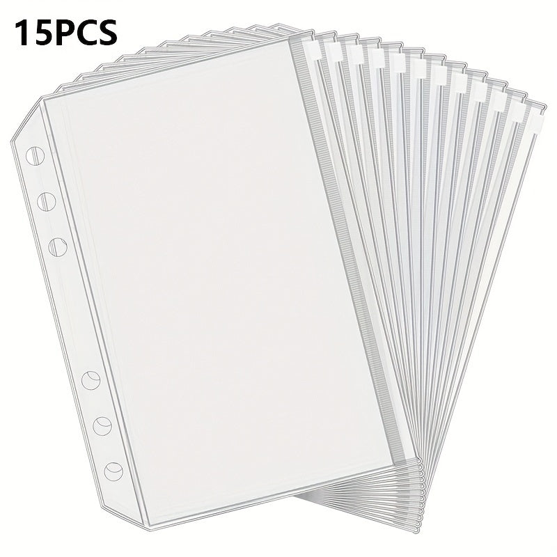 15pcs A5 Binder Pockets 6-Hole Budget Cash Envelopes Clear Zipper Folders