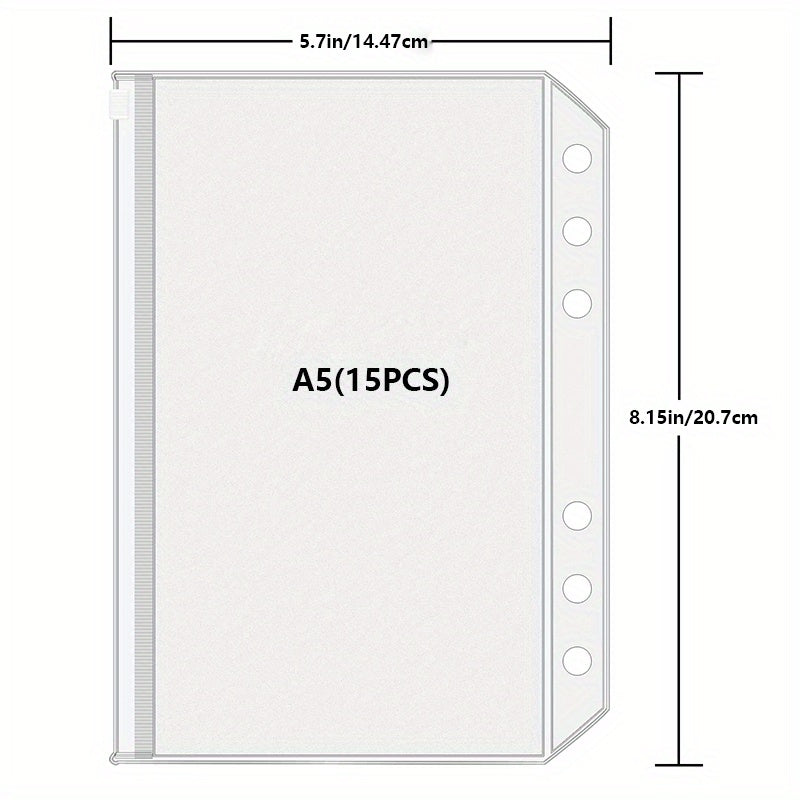 15pcs A5 Binder Pockets 6-Hole Budget Cash Envelopes Clear Zipper Folders