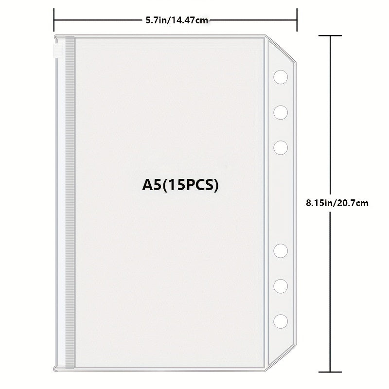 15pcs A5 Binder Pockets 6-Hole Budget Cash Envelopes Clear Zipper Folders