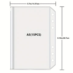 15pcs A5 Binder Pockets 6-Hole Budget Cash Envelopes Clear Zipper Folders