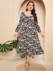  Women's Ditsy Floral Print Lace Trim Midi Dress