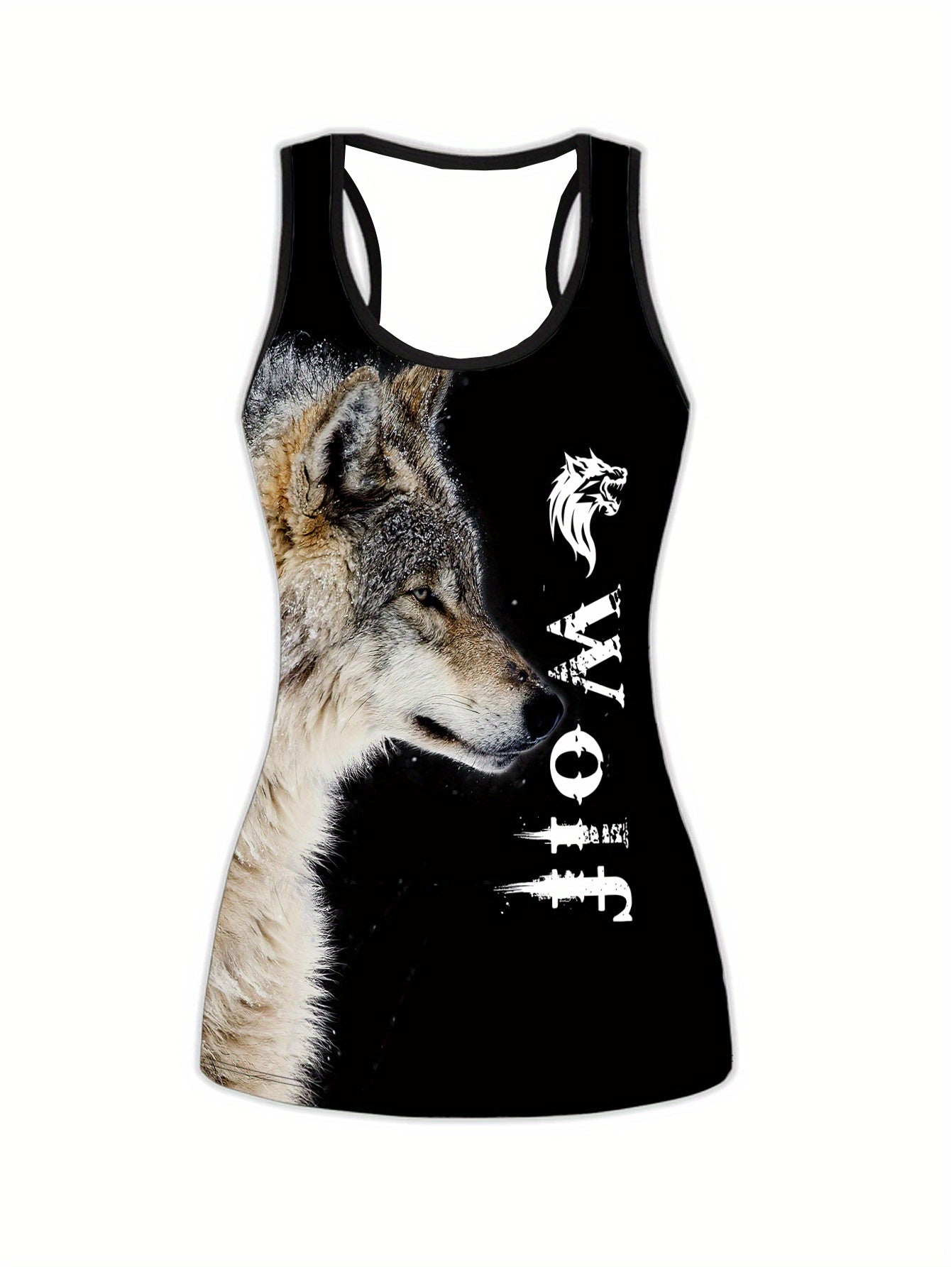 Plus Size Women's Wolf Print Tank Top & Leggings Yoga Set