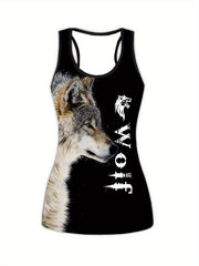 Plus Size Women's Wolf Print Tank Top & Leggings Yoga Set