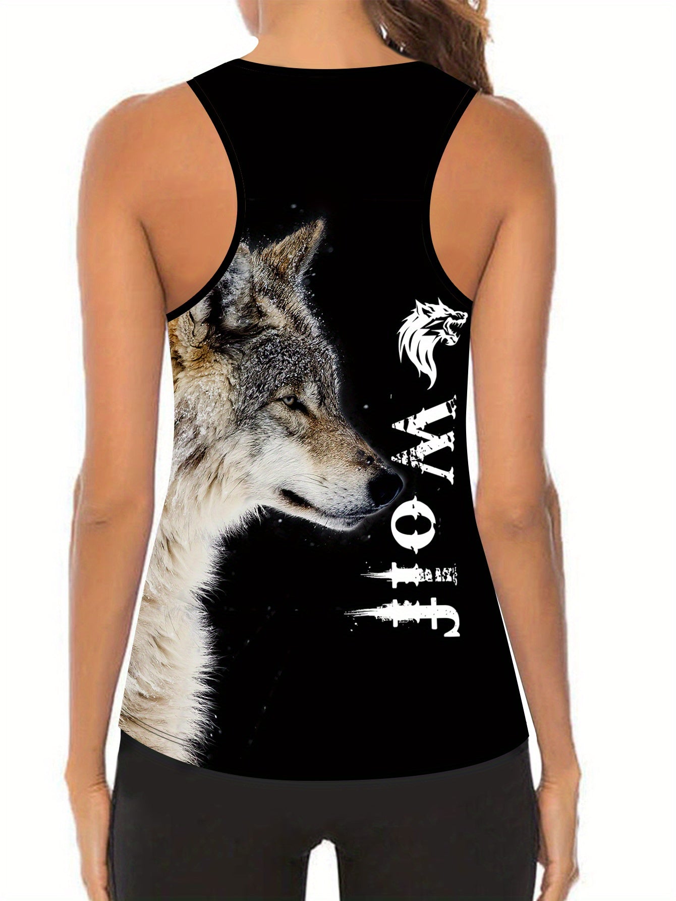 Plus Size Women's Wolf Print Tank Top & Leggings Yoga Set