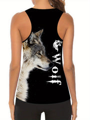 Plus Size Women's Wolf Print Tank Top & Leggings Yoga Set