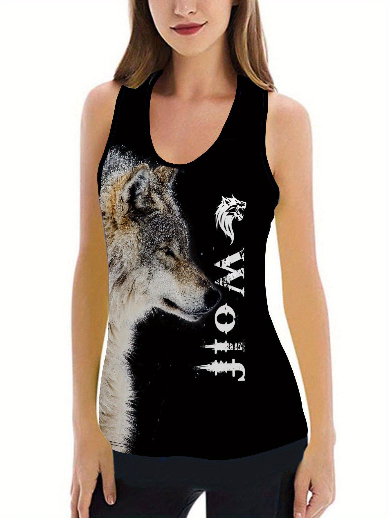 Plus Size Women's Wolf Print Tank Top & Leggings Yoga Set
