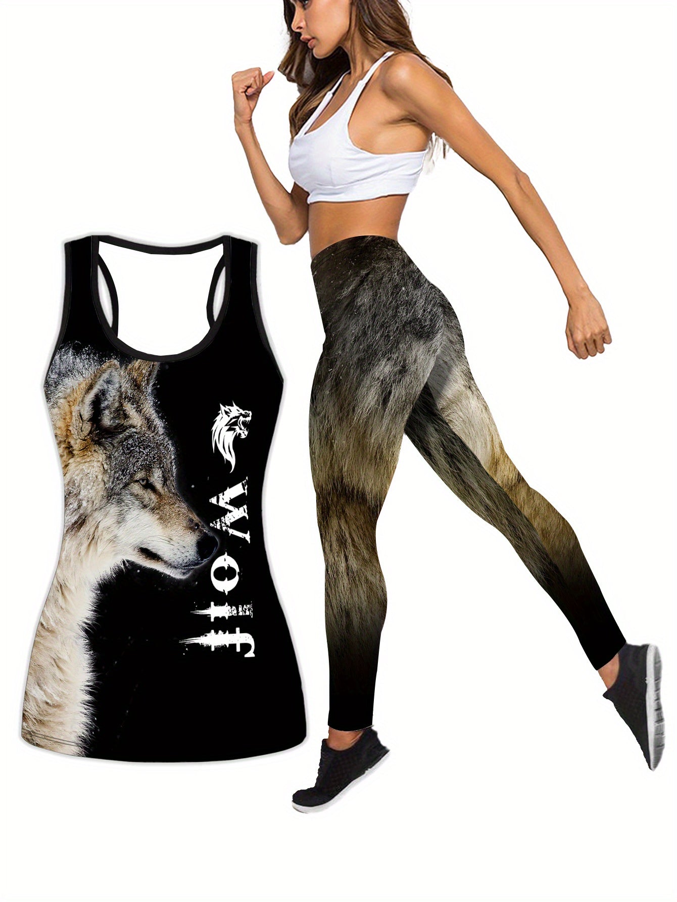 Plus Size Women's Wolf Print Tank Top & Leggings Yoga Set