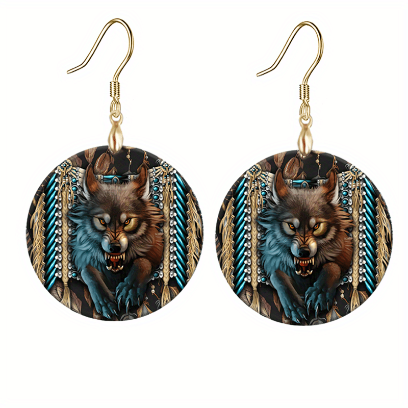 Wolf Round Acrylic Pendant Earrings Halloween Christmas Birthday Gift
