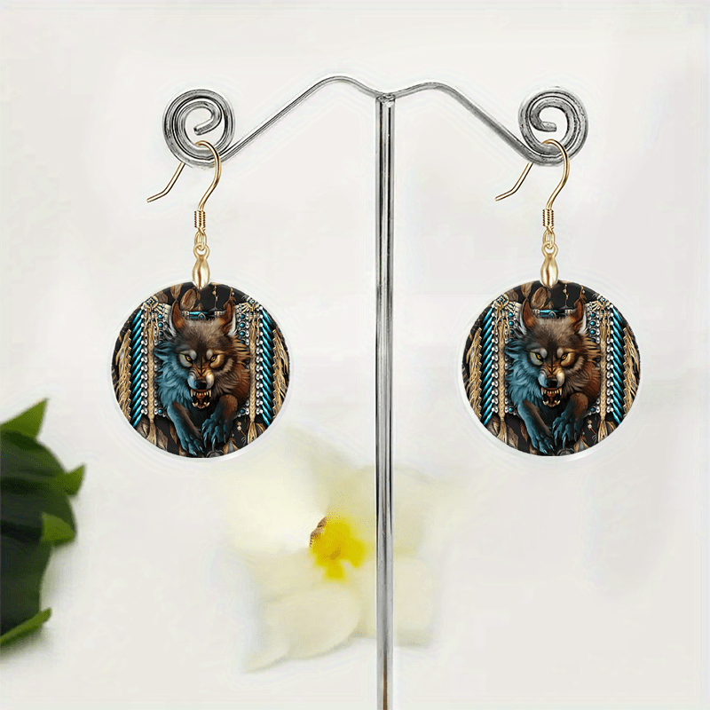 Wolf Round Acrylic Pendant Earrings Halloween Christmas Birthday Gift