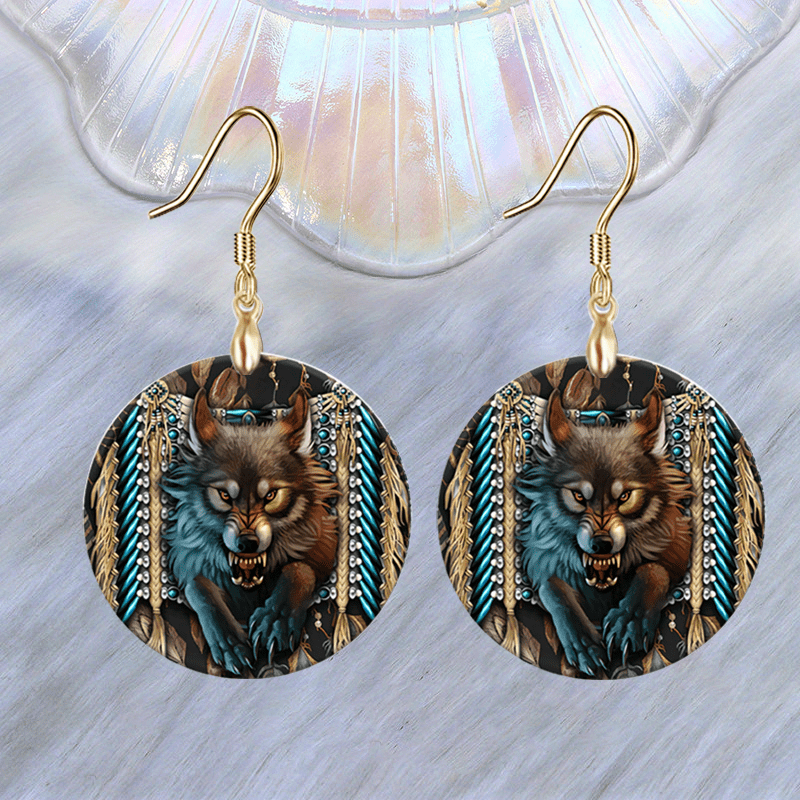 Wolf Round Acrylic Pendant Earrings Halloween Christmas Birthday Gift