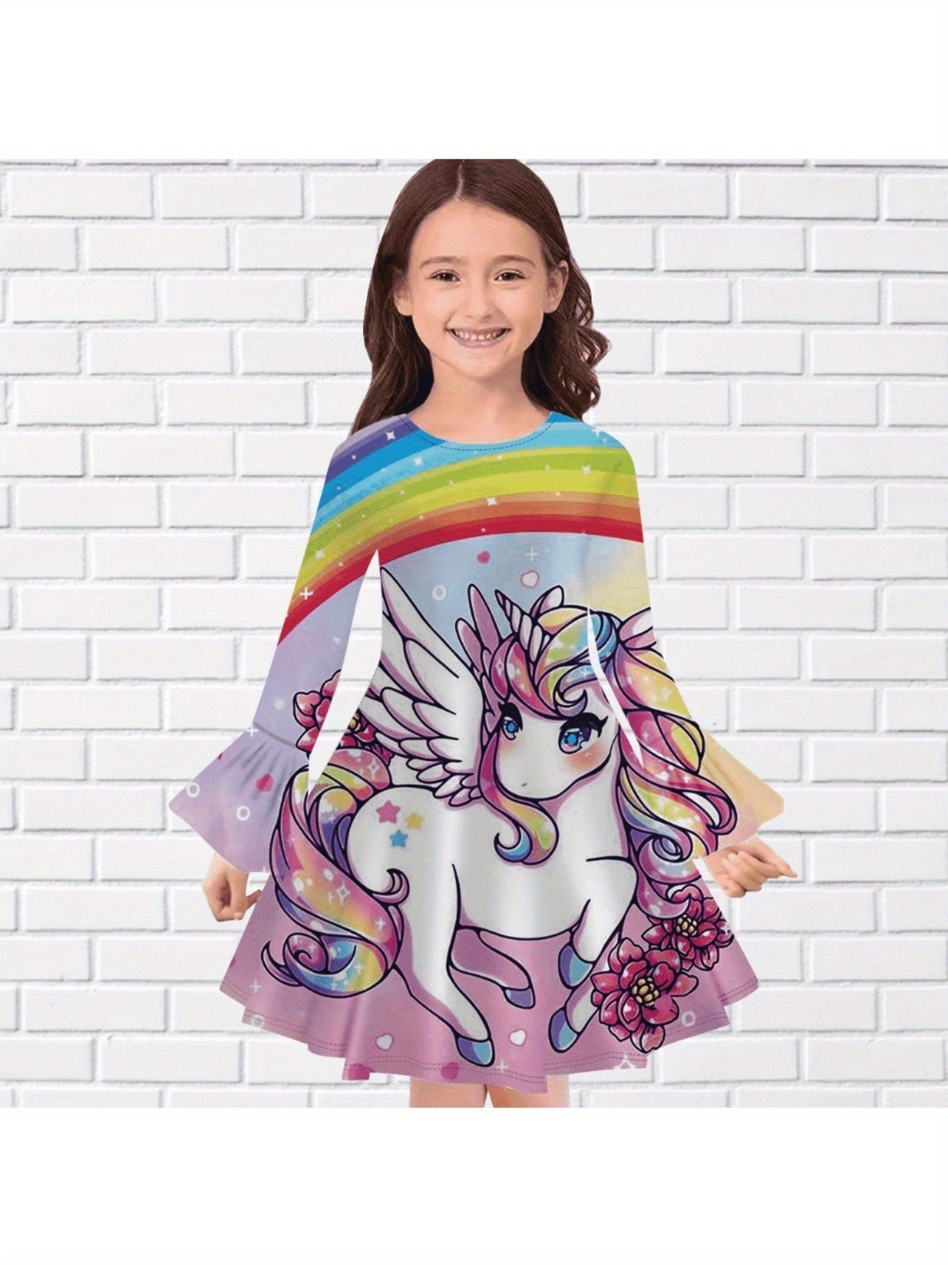 Lovely Unicorn Rainbow Print Long Sleeve Dress for Girls