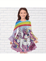 Lovely Unicorn Rainbow Print Long Sleeve Dress for Girls