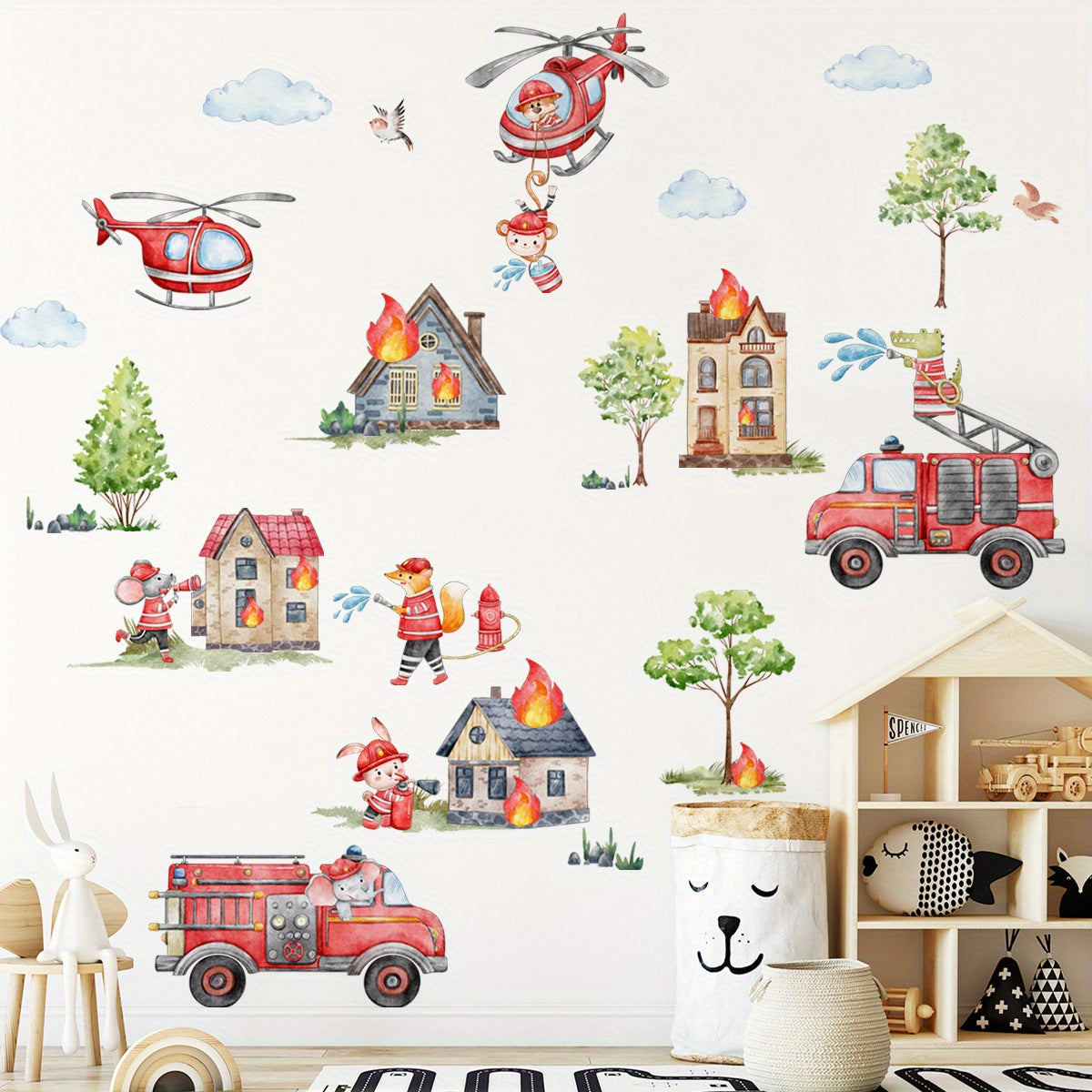 3pcs Fire Cartoon Education Stickers Firefighters Fire Trucks Mural Decoration
