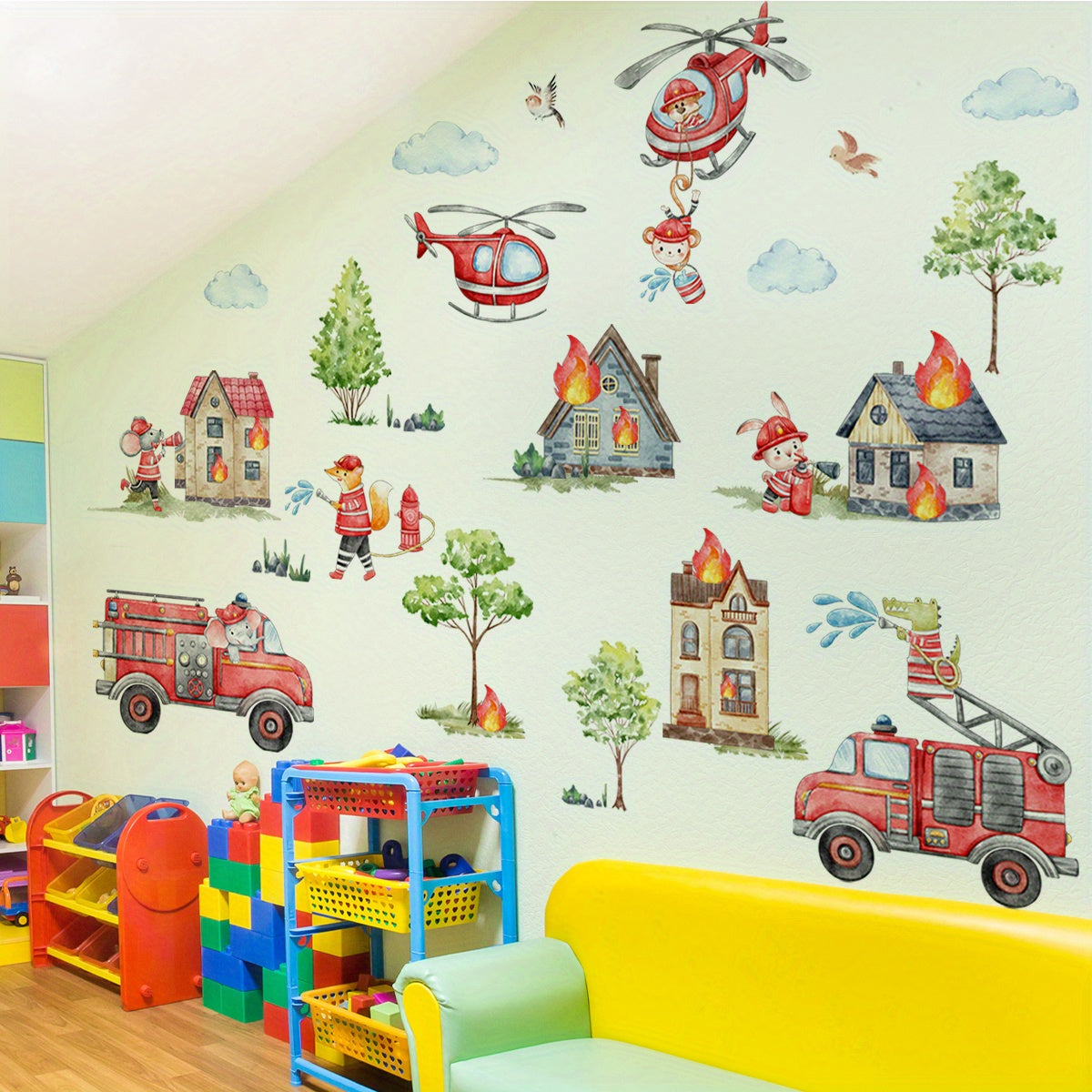 3pcs Fire Cartoon Education Stickers Firefighters Fire Trucks Mural Decoration