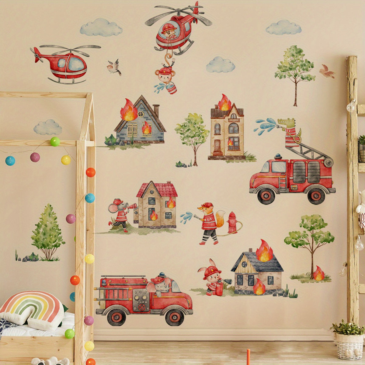 3pcs Fire Cartoon Education Stickers Firefighters Fire Trucks Mural Decoration