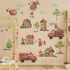 3pcs Fire Cartoon Education Stickers Firefighters Fire Trucks Mural Decoration