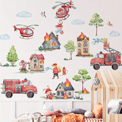 3pcs Fire Cartoon Education Stickers Firefighters Fire Trucks Mural Decoration
