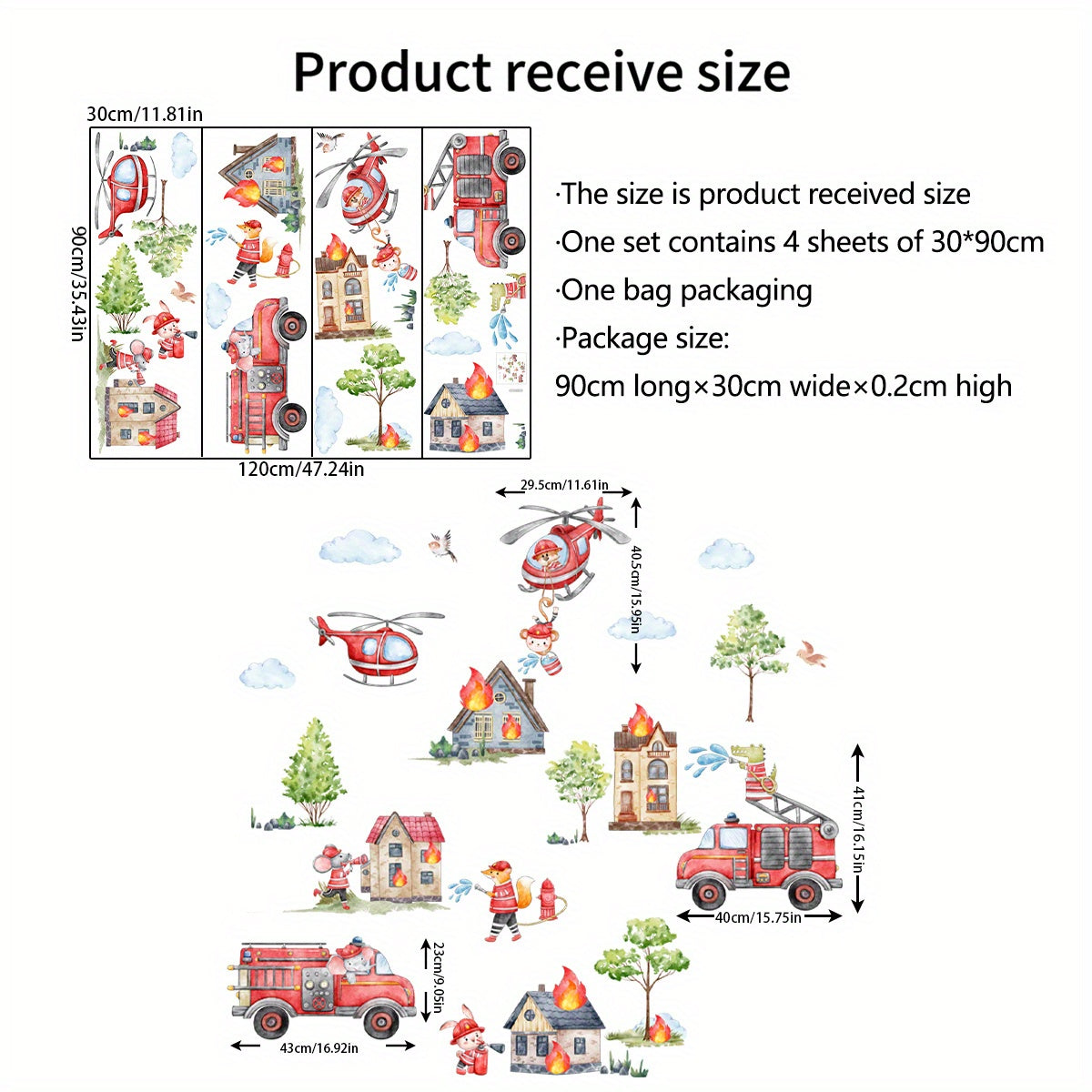 3pcs Fire Cartoon Education Stickers Firefighters Fire Trucks Mural Decoration