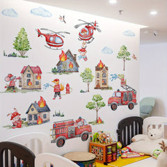 3pcs Fire Cartoon Education Stickers Firefighters Fire Trucks Mural Decoration