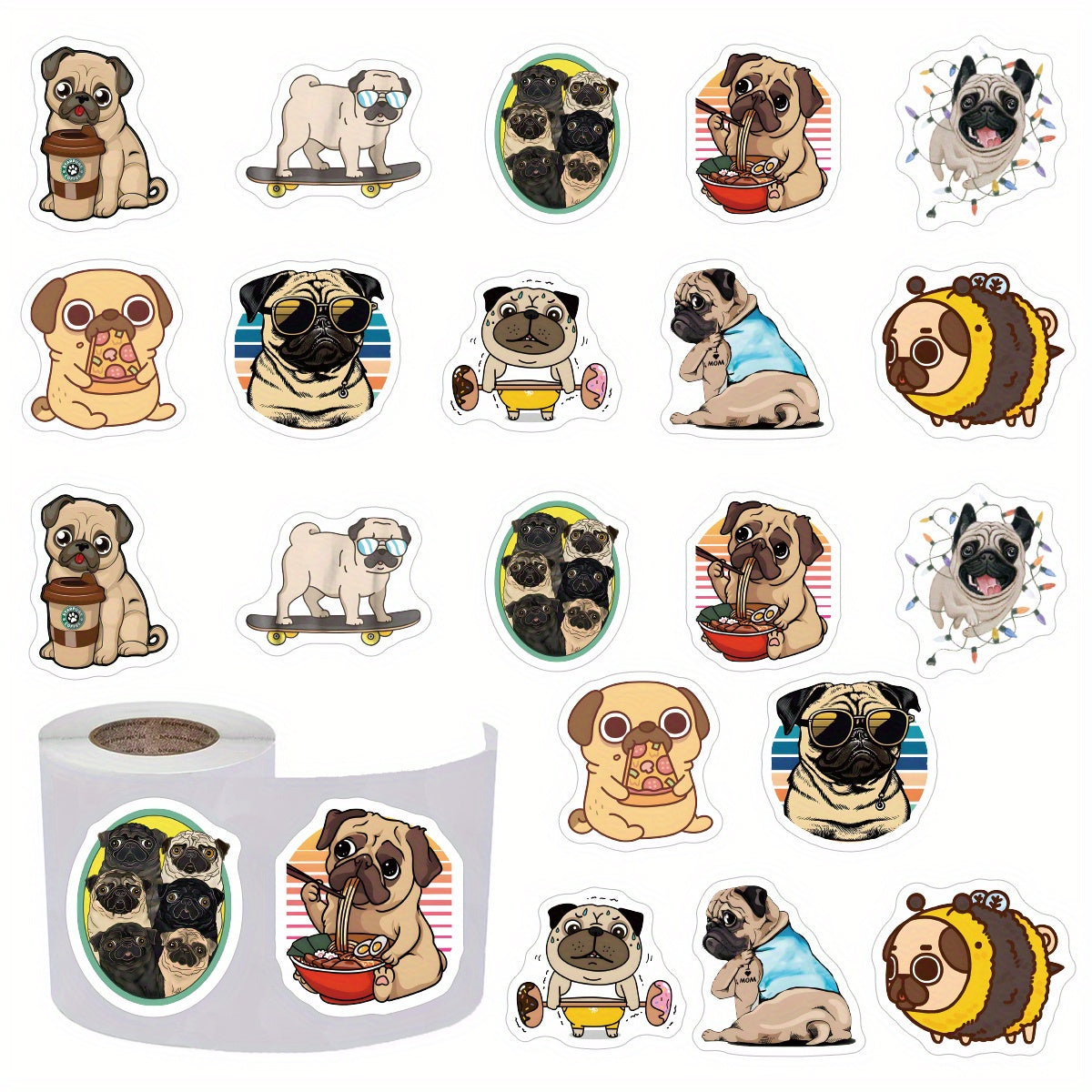 500pcs Pug Dog Funny Stickers 2 54 Cm Labels 10 Patterns Cartoon Decals