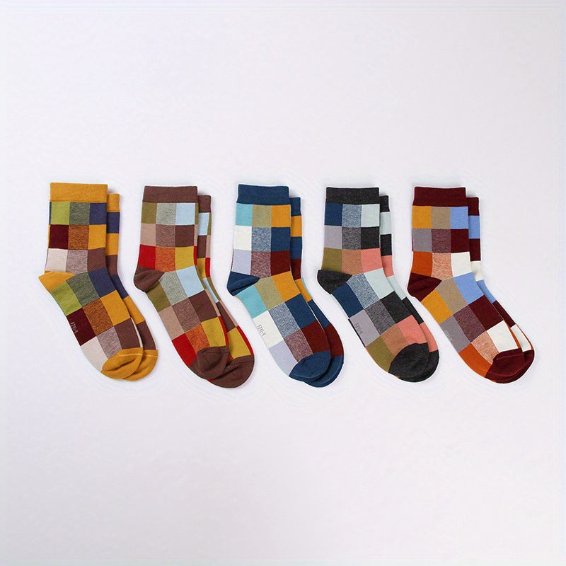 Men's Plaid Cotton Mid Calf Socks - 5 Pairs