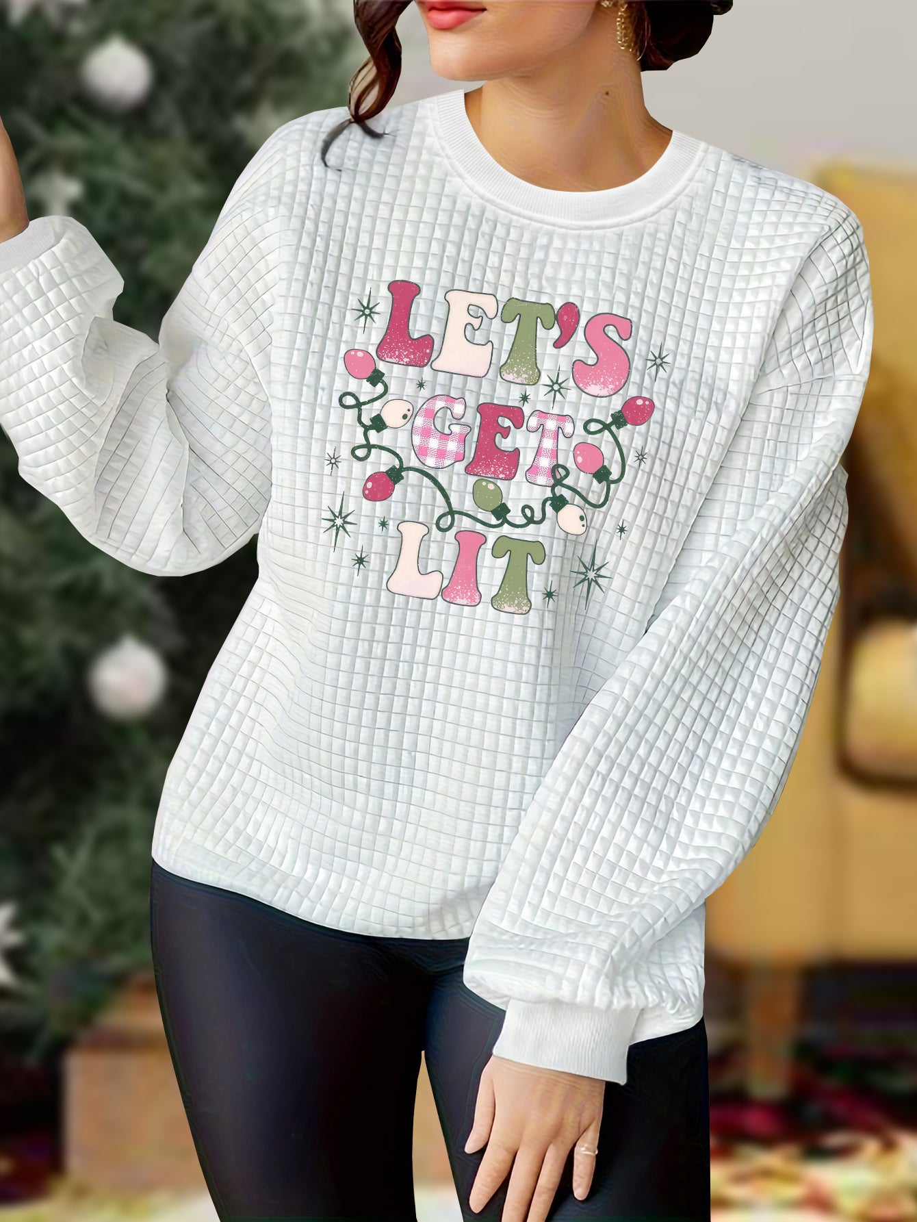  Women's Slogan Print Waffle Long Sleeve Pajama Top