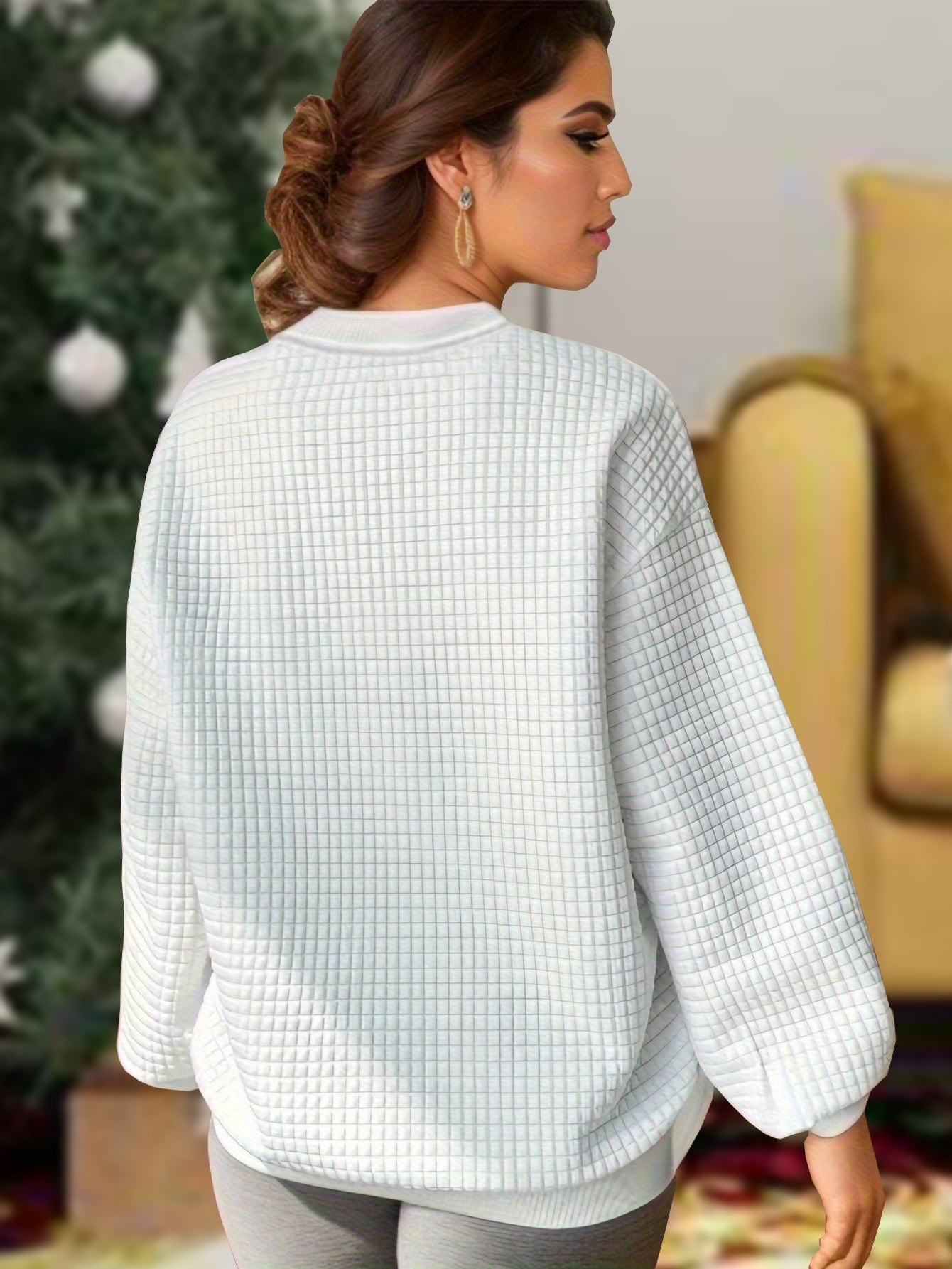  Women's Slogan Print Waffle Long Sleeve Pajama Top