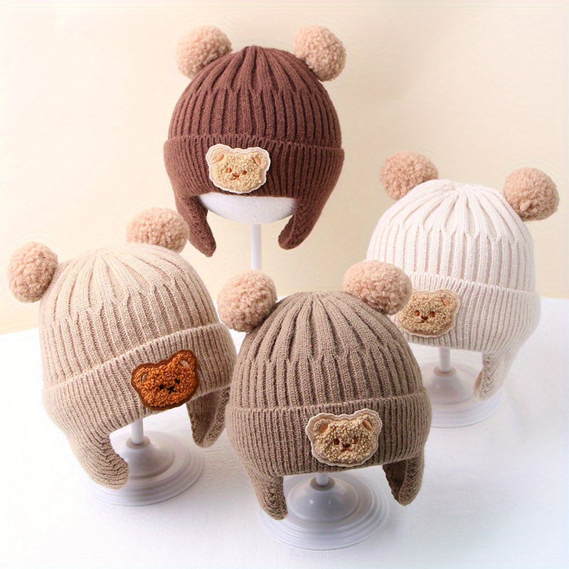 Winter Baby Beanie Cartoon Bear Ear Protection Knitted Hat For Boys & Girls