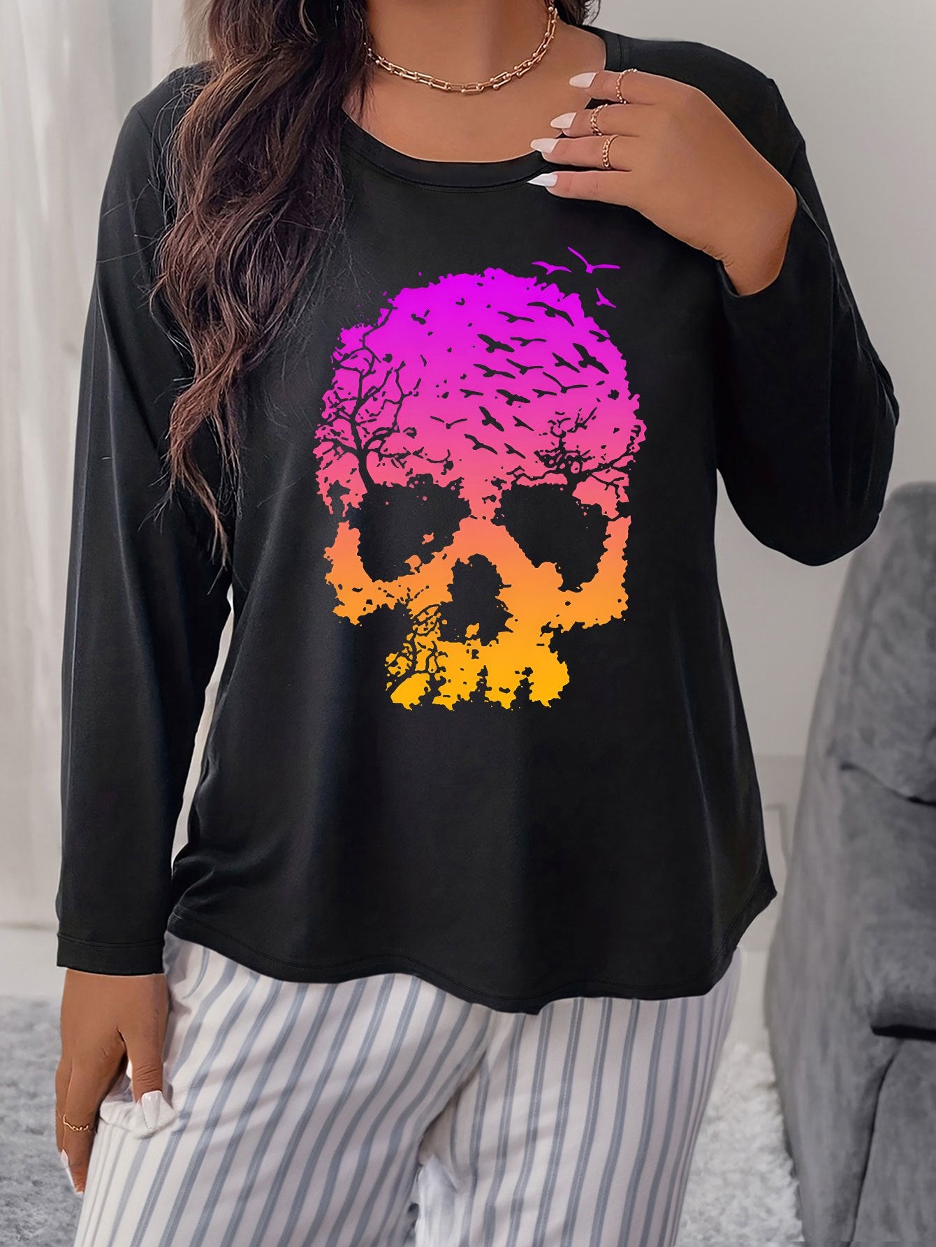  Gothic Skull Print Long Sleeve Pajama Tee