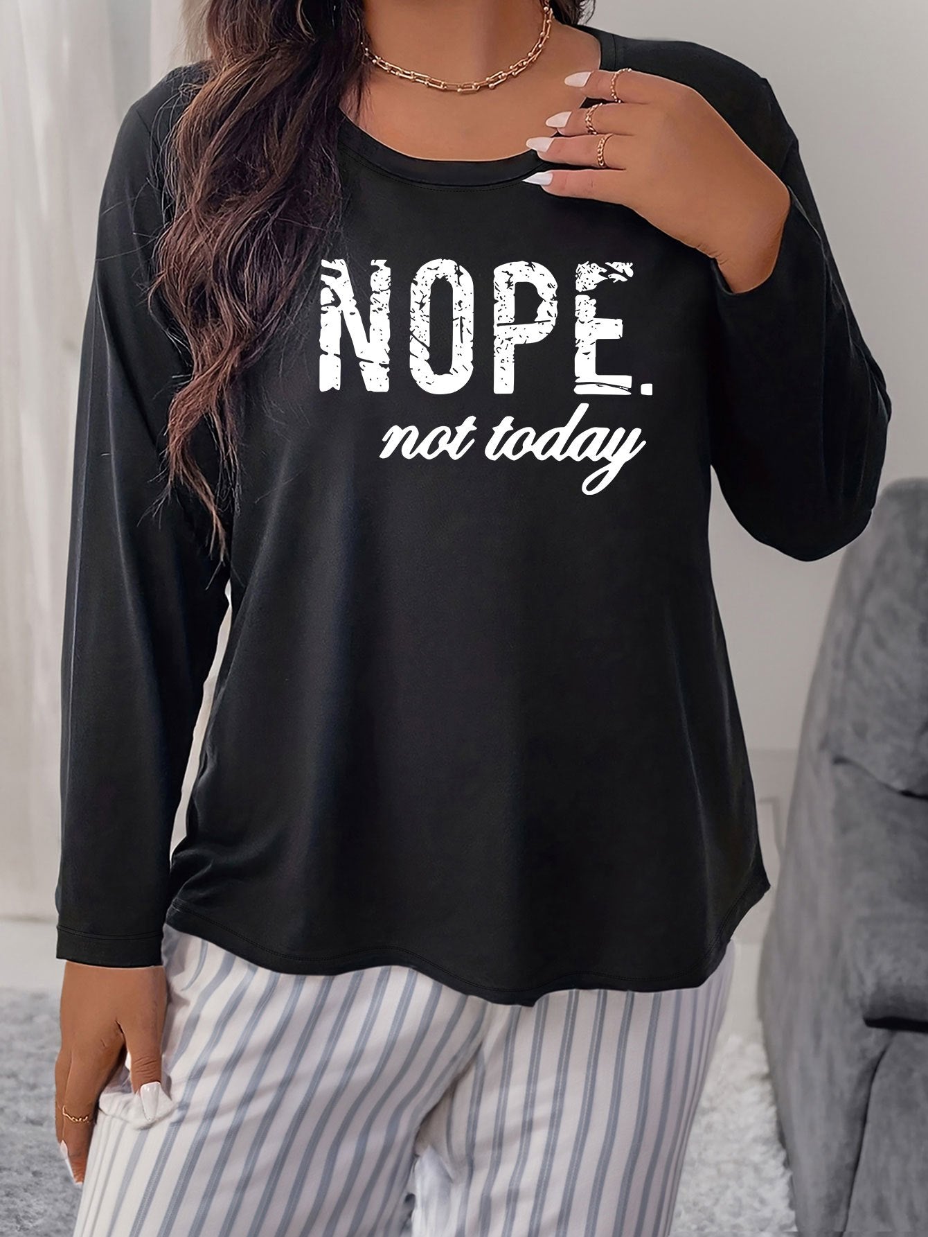 Women's Plus Size Slogan Graphic Long Sleeve Round Neck Home Wear T shirt