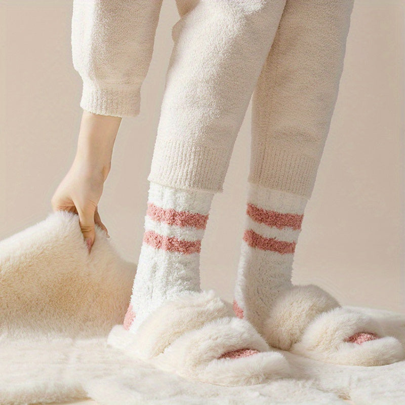 5 Pairs Striped Fuzzy Socks Warm Mid Tube Women's Stockings