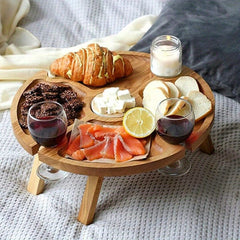 Folding Picnic Table with Wine Glass Holder and 2-in-1 Rack