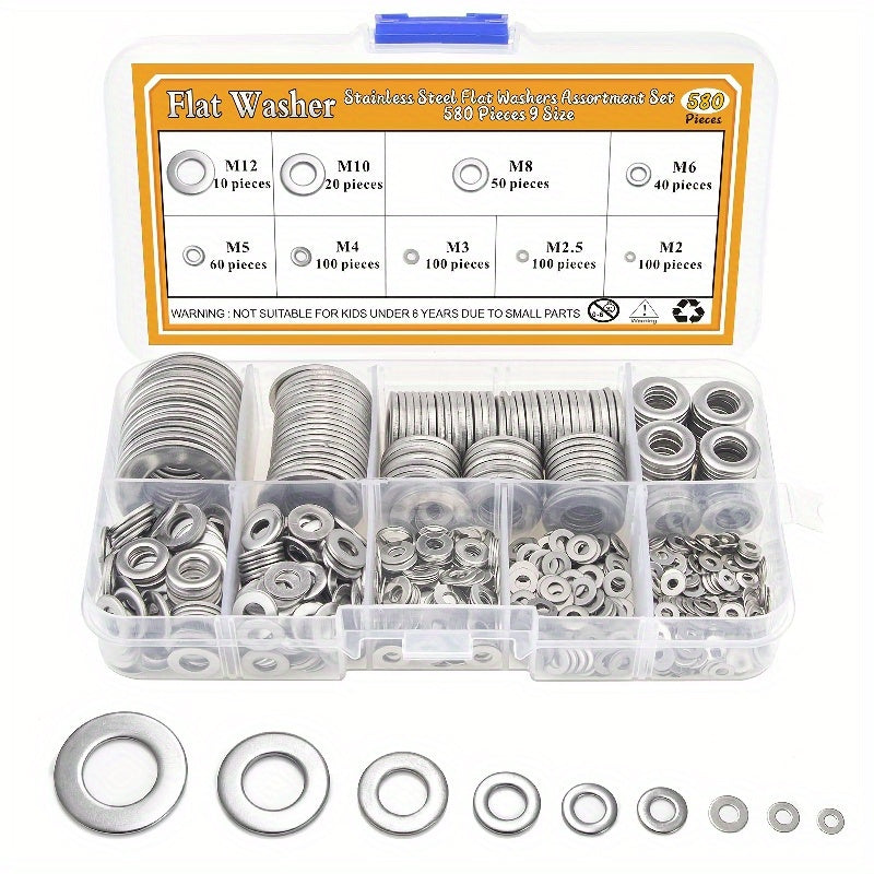580pcs 304 Stainless Steel Flat Washers Set 9 Sizes Assortment