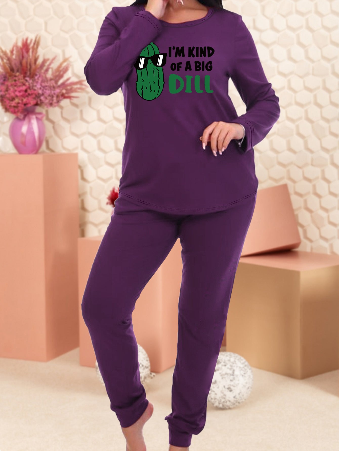  Casual Pajamas Set Women's Plus Cartoon Balsam Pear & Slogan Print