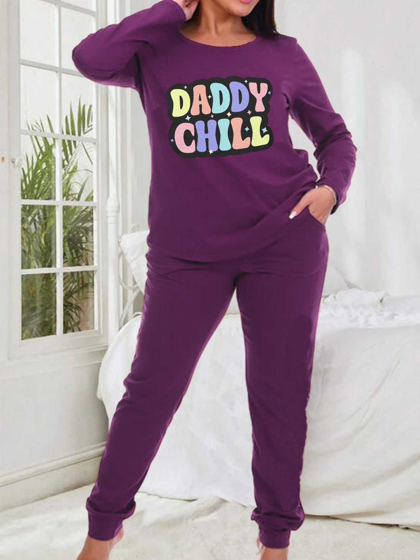  Letter Print PJ Set Long Sleeve Tee & Joggers Lounge 2 Pc Set